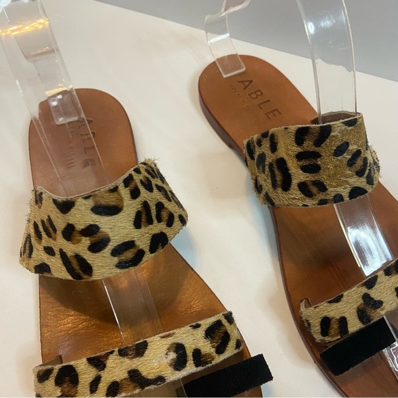 Able Margarete Leopard Print Fur Leather Sandals Flats Slides Slip on Cheetah - Picture 7 of 10